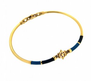 18kt yellow gold rigid bracelet with rudder and blue enamel