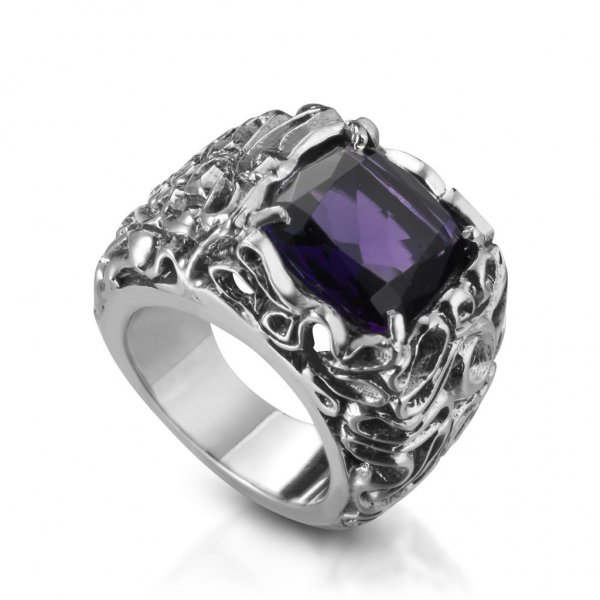 Anello a fascia in argento 925 con ametista idrotermale