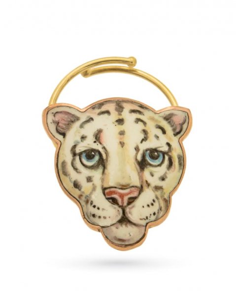 Anello in oro giallo con testa di leopardo delle nevi