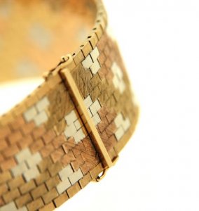 Bracciale vintage in oro giallo, bianco e rosa a mattoncini