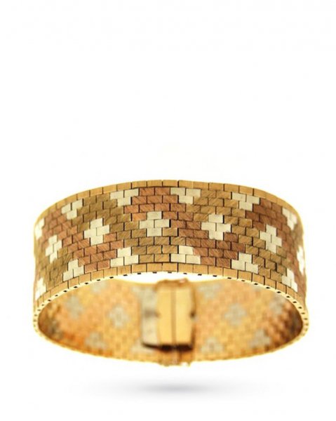 Bracciale vintage in oro giallo, bianco e rosa a mattoncini