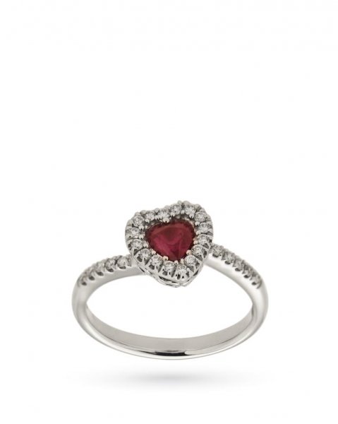 Ring with heart ruby and diamonds in white gold